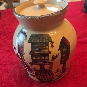 Rustic Ceramic Jar with Birdhouse Motif